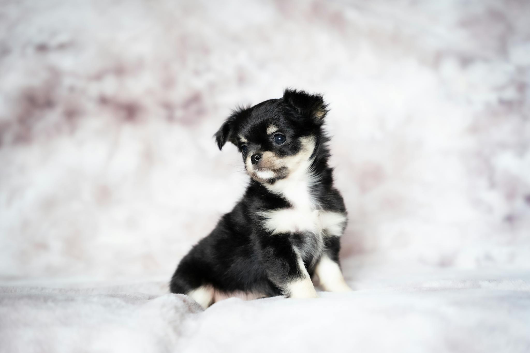 Charming studio shot of a tri-colored Chihuahua puppy posing against a soft pastel background.